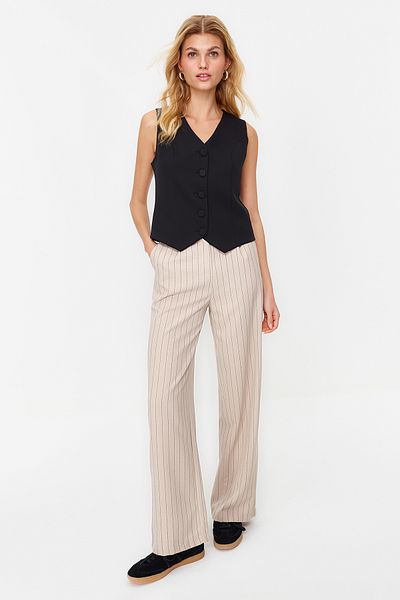 Trendyol Collection Béžové tkané kalhoty s vysokým pasem a širokými pruhy TWOSS22PL0100