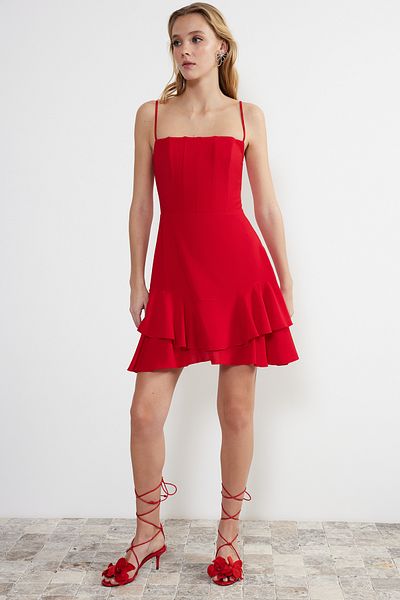 Trendyol Collection A-Cut Red Evening Dress - Underwire Detail, Woven, Short Night Vestido TPRSS22EL00065