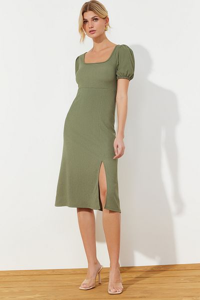 Trendyol Collection Khaki Square Collar Balloon Sleeve A-Line Slit Detailed Wrap/Textured Midi Knitted Dress TWOSS23EL01533