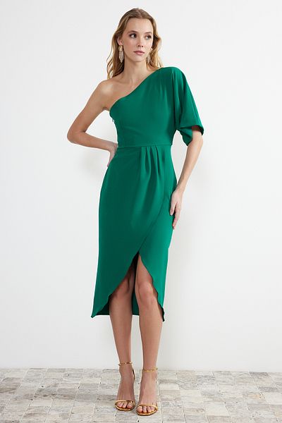 Trendyol Collection Sukienka midi w kolorze szmaragdowo-zielonej tkaniny w kształcie litery A TPRSS24EL00028