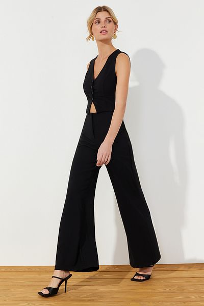 Trendyol Collection Чорний тканий комбінезон максі з широкими вікнами TWOSS24TU00005
