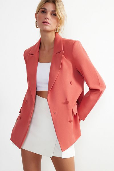 Trendyol Collection Granatapfelblumen-Blazer mit regulärem Futter, zweireihigem Verschluss, gewebt, TWOSS21CE0137