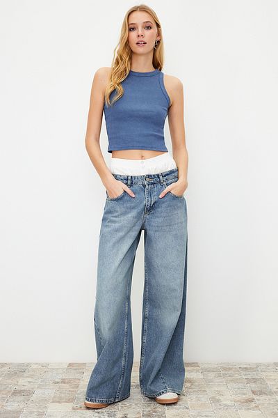 Trendyol Collection Indigo Antique/Pale Effect Crop Fitted Halter Collar Βαμβακερή εύκαμπτη πλεκτή μπλούζα δεξαμενής TWOSS24AL00000