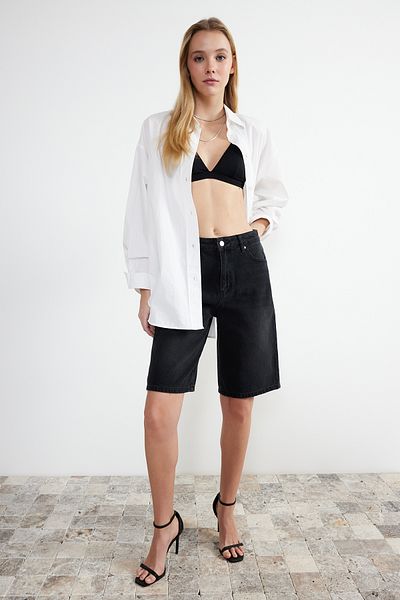 Trendyol Collection Black High Waist Denim Bermuda Shorts Twoss24Sr00007
