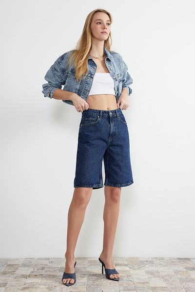 Trendyol Collection Modrá džínovina s vysokým pasem Bermuda Twoss24Sr00016