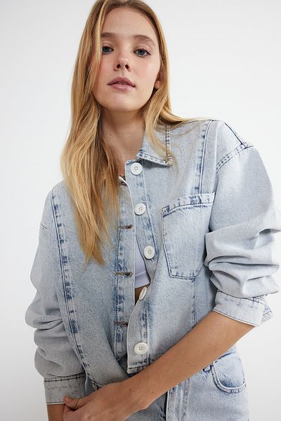 Trendyol Collection Light Blue Stitching Detailed Oversize Denim Jacket TWOSS24CE00012