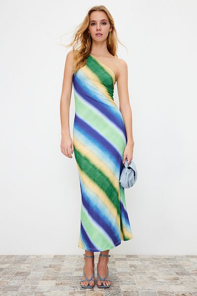 Trendyol Collection Modré Maxi vypasované flexibilní pletené Maxi tužkové šaty TWOSS24EL00257