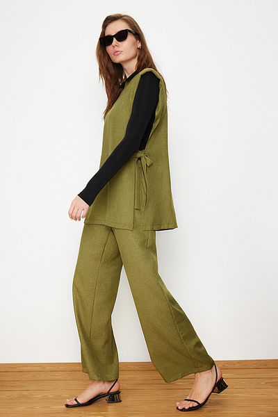 Trendyol Modest Khaki Linen Look Side Tie Woven Bottom Top Set TCTSS24US0001
