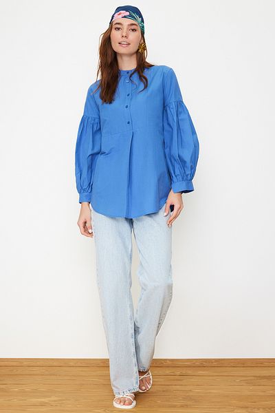 Trendyol Modest Navy Blue Comfortable Fit Cotton Woven Tunic Shirt TCTSS24TG00046