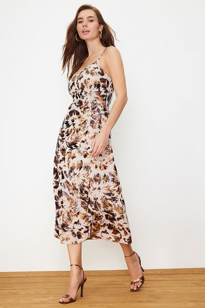Trendyol Collection Vícebarevné A-line zvířecí vzor s fóliovým potiskem Midi tkané šaty TWOSS24EL00051