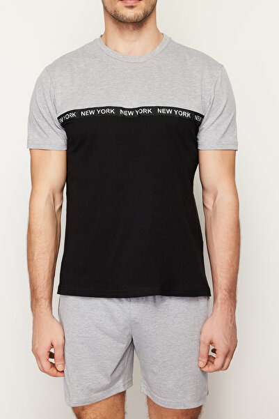 Trendyol Collection Μαύρο γκρι Χρώμα μπλοκαρισμένο ελαστικό στη μέση κανονική εφαρμογή πλεκτό σορτς πιτζάμες TMNSS24PT00005