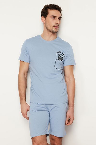 Trendyol Collection Kék nyomott normál szabású kötött nyári pizsama szett rövidnadrággal TMNSS24PT00011