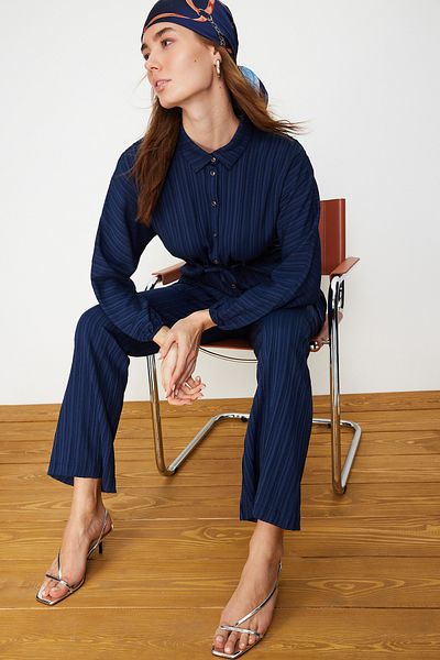 Trendyol Modest Navy Blue Crinkle Shirt Trousers Woven Bottom Top Set TCTSS24US00019
