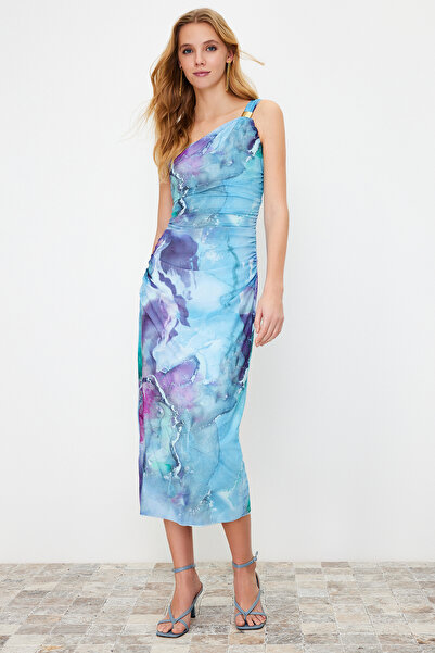 Trendyol Collection Többszínű, egyujjú testhez illeszkedő kiegészítő részletes tüll rugalmas kötött midi ceruza ruha TWOSS24EL00174