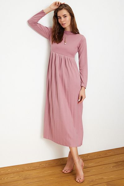 Trendyol Modest Πλεκτό φόρεμα Scuba με πλισέ φούστα Dusty Rose TCTAW24EL00000
