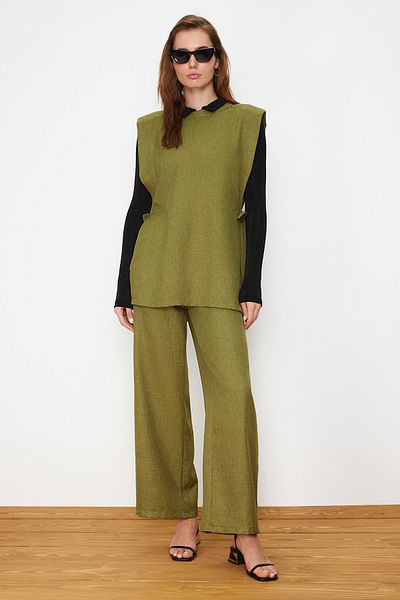 Trendyol Modest Khaki Linen Look Side Tie Woven Bottom Top Set TCTSS24US0001