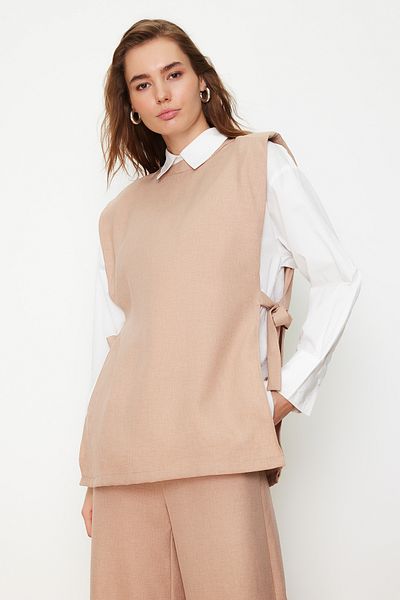 Trendyol Modest Σετ λινό μινκ βλέμμα πλαϊνή γραβάτα υφασμένο κάτω επάνω μέρος TCTSS24US0001