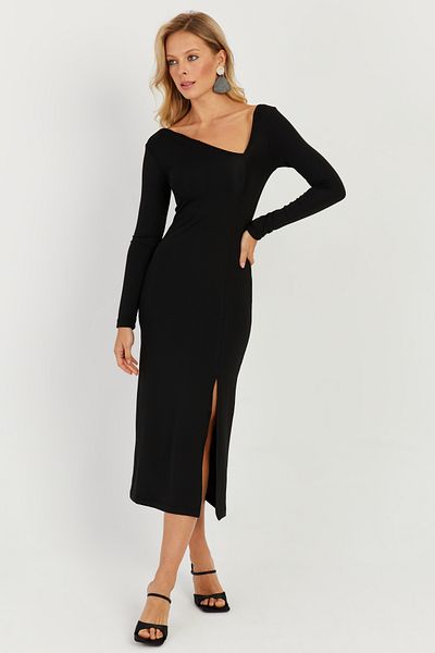 Cool & Sexy Rochie midi neagră cu guler asimetric cu fante pentru femei EY2708