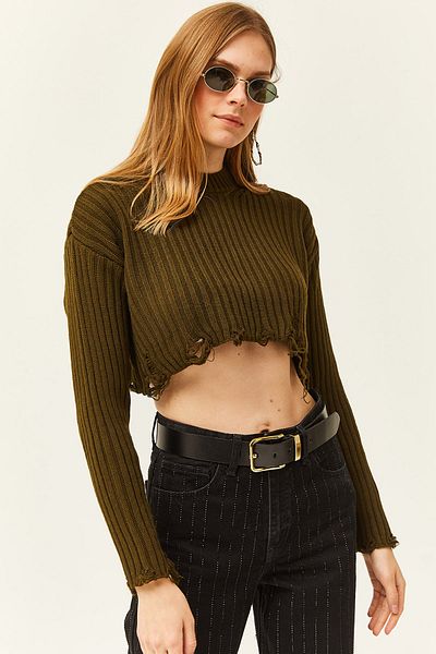 Olalook Women's Khaki Split Detailed Thick Crop Knitwear Sweater KZK-19000774
