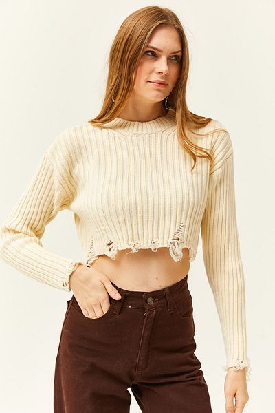 Olalook Women's Ecru Split Detailed Thick Crop Knitwear Sweater KZK-19000774