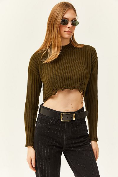 Olalook Women's Khaki Split Detailed Thick Crop Knitwear Sweater KZK-19000774