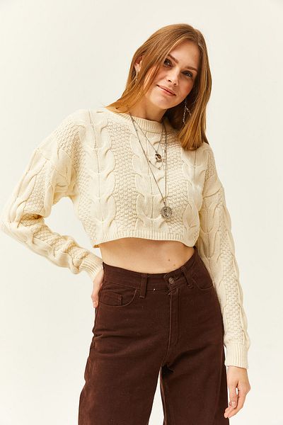 Olalook Kurzer Strickpullover mit Zopfmuster für Damen, ecrufarben KZK-19000771