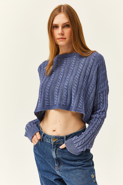 Olalook Pulover de damă din tricot împletit și spălat cu împletitură indigo KZK-19000780
