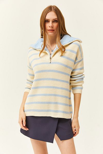 Olalook Γυναικείο πλεκτό πουλόβερ Baby Blue με γούνινο γιακά ριγέ υπερμεγέθη KZK- 19000766