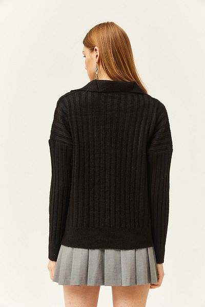 Olalook Hanorac negru pentru femei cu guler polo cu nervuri groase cu textura moale KZK-19000764