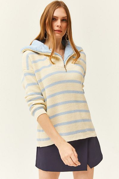 Olalook Γυναικείο πλεκτό πουλόβερ Baby Blue με γούνινο γιακά ριγέ υπερμεγέθη KZK- 19000766
