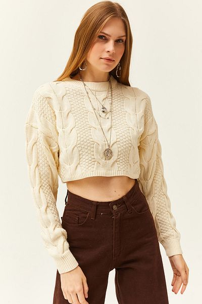 Olalook Kurzer Strickpullover mit Zopfmuster für Damen, ecrufarben KZK-19000771
