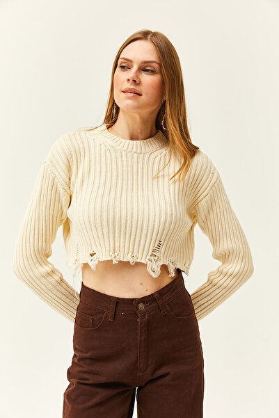 Olalook Pulover de damă, ecru, cu fărâmituri, tricotaje groase KZK-19000774