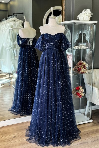 Lenta Moda Navy Blue Pearl and Shining Stones Maxi Length Draped Transparent Evening Dress and Evening Gown
