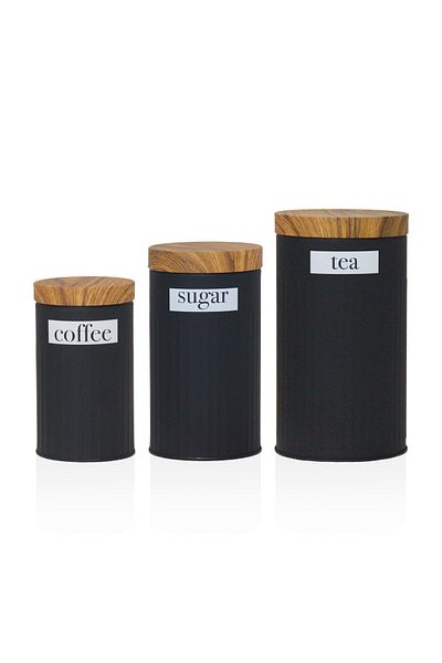 Doğa Dizayn Bamboo Lid Look Metal Black 3-Piece Tea Sugar Coffee Storage Container/Jar MRS-3037S