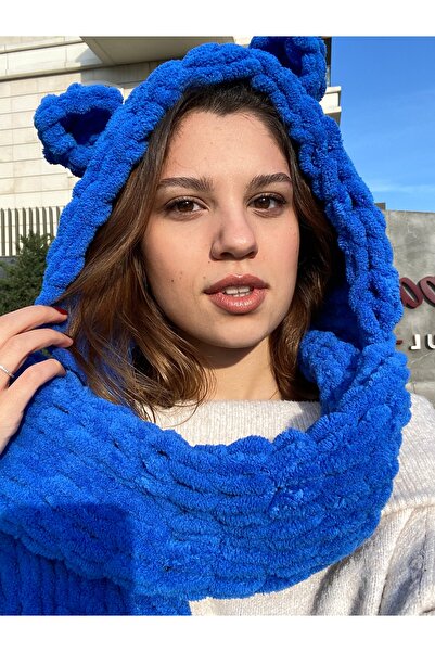 muvi Μπαλακλάβα Φουσκωτό Χειροποίητο Πλεκτό Κασκόλ σε Ναυτικό Μπλε με Αυτιά Α...