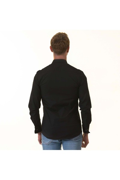 Exve Exclusive Черна едноцветна обикновена класическа френска риза с копчета за ръкавели с двоен маншет