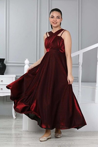 Wild Flower Kız Çocuk Göğsü Pileli Simli Kumaş Abiye Elbise Mevzuniyet Kıyafeti