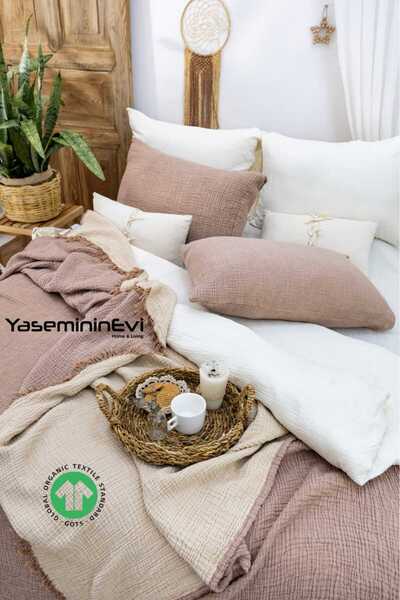 YASEMİNİNEVİ King Size Brown - Light Brown Muslin Bedspread / Pique Set with 2 Pillowcases