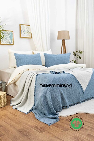 YASEMİNİNEVİ Cuvertură de pat din muselină cu 4 straturi de culoare petrol / 2 fețe de pernă