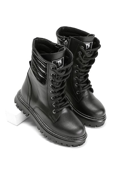 Tonny Black Girl's Black Leather Thermo Sole Side Quilted Patterned Lace-Up and Zippered Boots