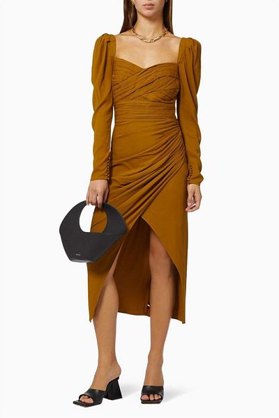 nish for you Brown Draped Midi Dress