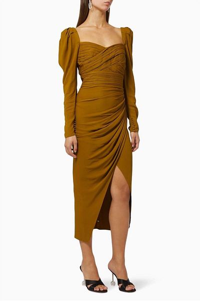 nish for you Brown Draped Midi Dress