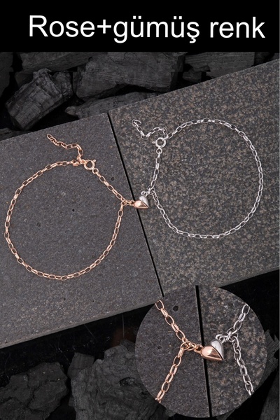 Erer Gümüş Gümüş bay çift birleşen kalp sevgili bilekliği kle2s65