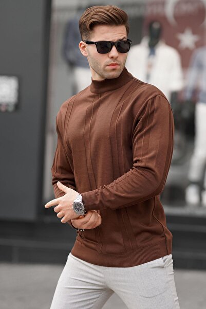 Madmext Dark Biscuit Turtleneck Patterned Sweater 6825