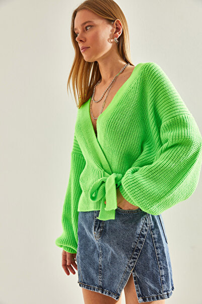 Bianco Lucci Women's Thessaloniki Braided Tie Detailed Balloon Sleeve Knitwear Cardigan