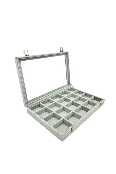 Zeyn Dekor Γυάλινο καπάκι, κουτί κοσμημάτων με θήκες, 20 θέσεων, γκρι χρώμα, ...