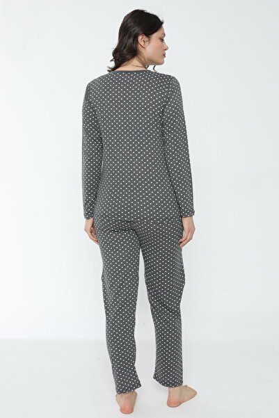 PİJAMOOD Σετ γυναικεία μακρυμάνικη πιτζάμες με γκρι σχέδιο από βαμβάκι