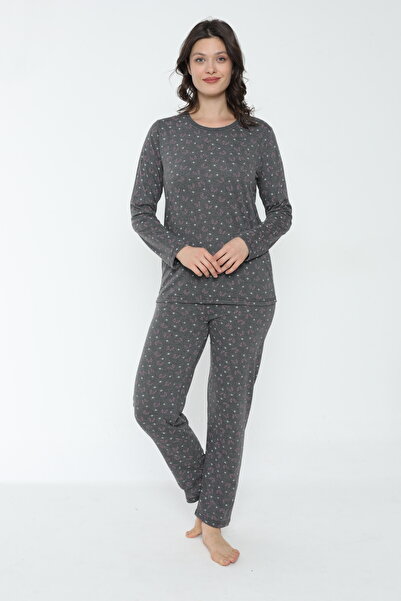pijamacity Pamuklu Gri Desenli Kadın Uzun Kol Pijama Takımı