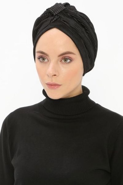 Vera Καπό Efruz Ready Turban Cross Banded Lined Hijab Bonnet Μαύρο πλισέ ύφασμα Γυναικείο καπό