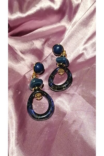 Gia Lacivert Oval Detaylı Sallantılı Şık Küpe